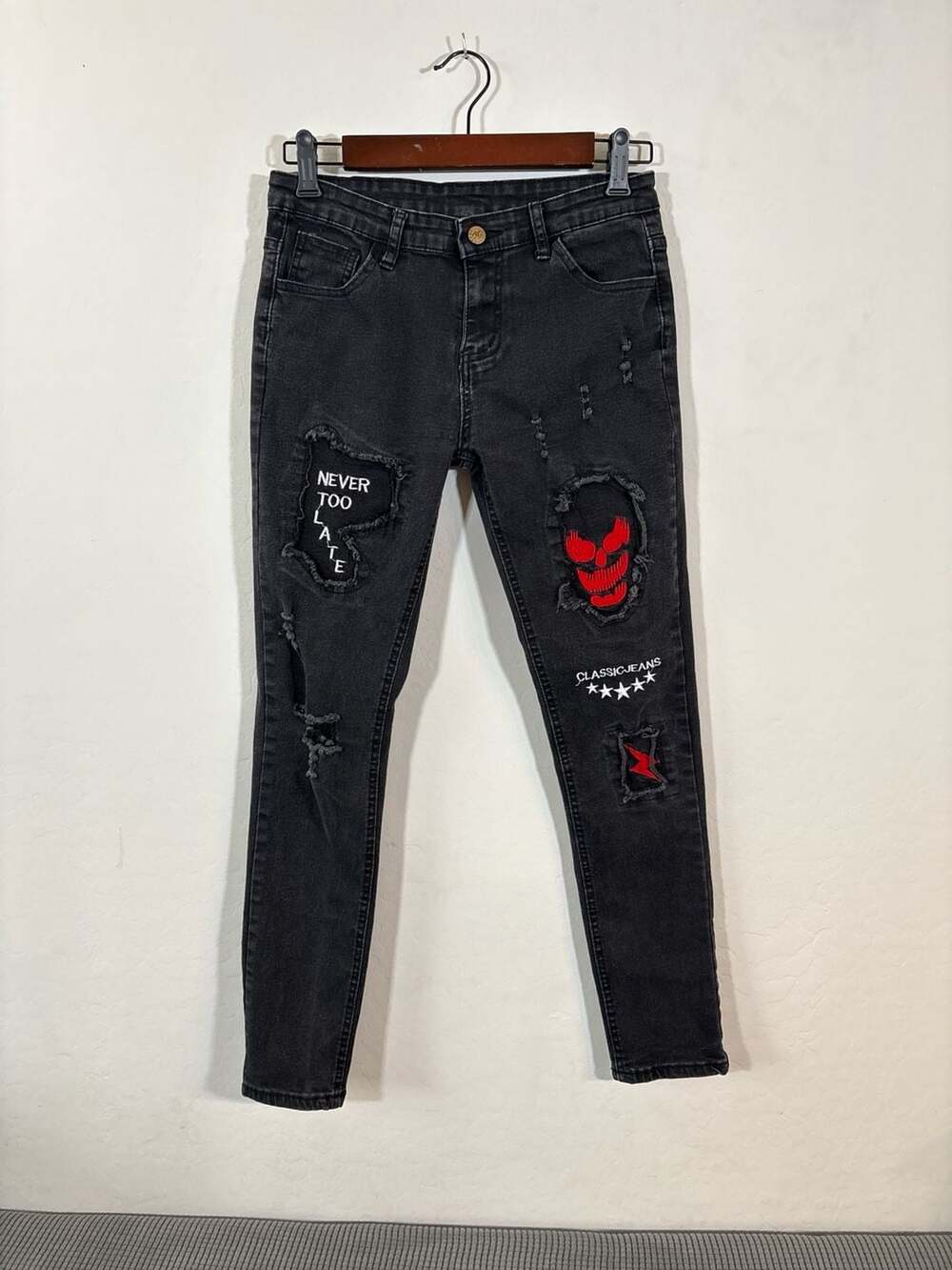 Hungson Boys Distressed Skinny Jeans with Graphic Patches Black Size 16